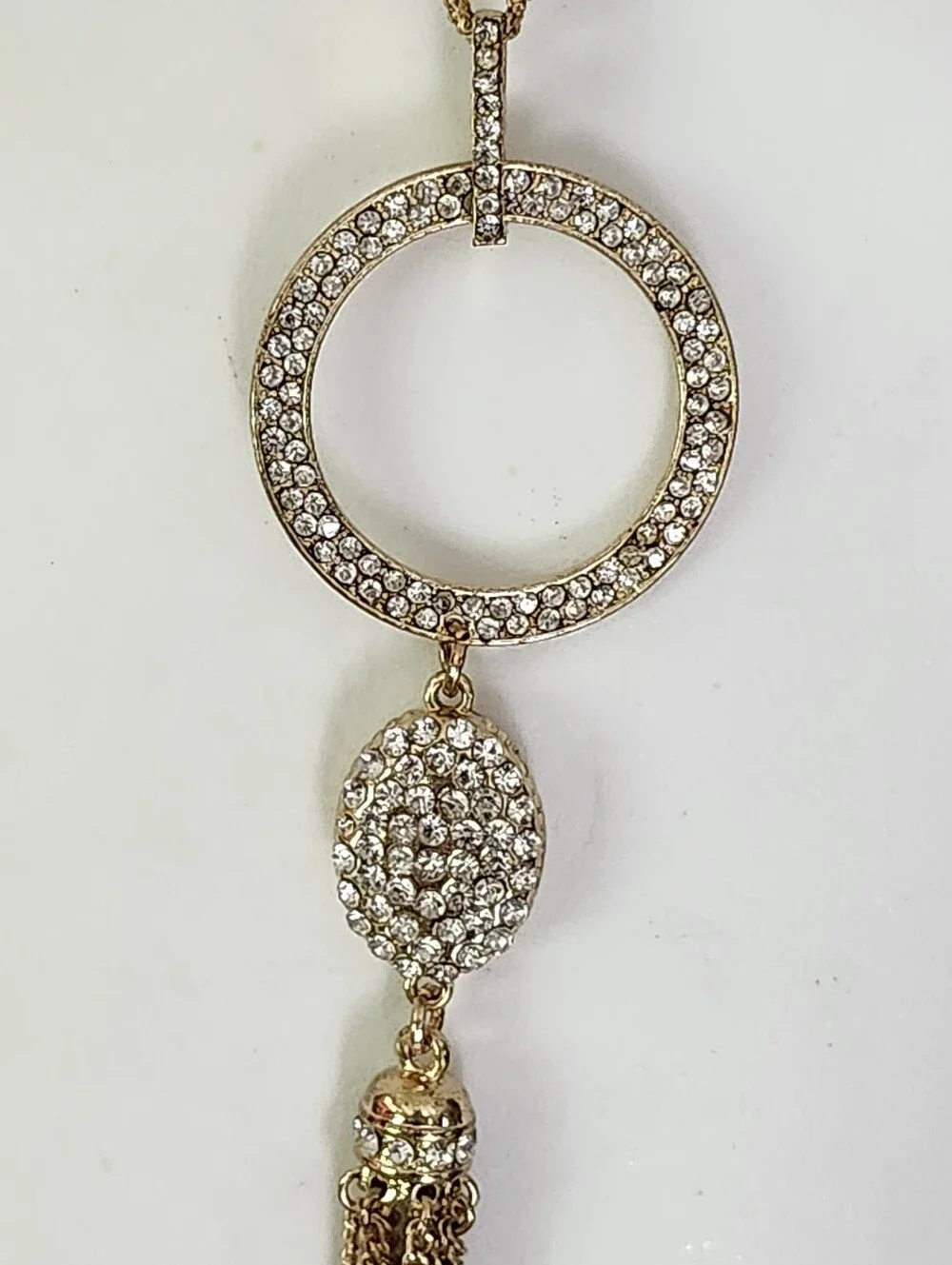 INC International Concepts Gold Tone Circular Crystal Pendant Tassel Necklace